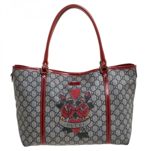 مملوكة مسبقًا Gucci Grey/Red Heart Tattoo GG Supreme Canvas and Patent Leather Joy Tote