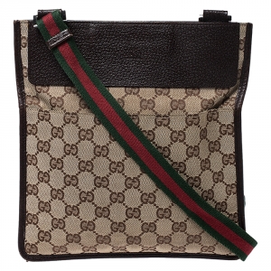 Pre Owned Gucci Beige/Brown GG Canvas and Leather Web Messenger Bag