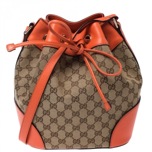 Pre Owned Gucci Beige/Orange GG Canvas and Leather Bucket Bag