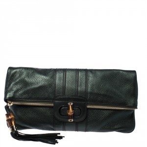 Pre Owned Gucci Metallic Green Leather Bamboo Detail Tassel Lucy Fold Over Clutch
