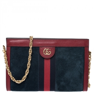 Pre Owned Gucci Navy Blue/Red Suede and Leather Ophidia Shoulder Bag