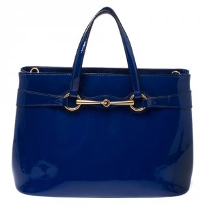 Pre Owned Gucci Blue Patent Leather Medium Bright Bit Tote