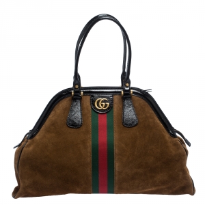 Pre Owned Gucci Brown Suede and Patent Leather Large Web Re(Belle) Bag