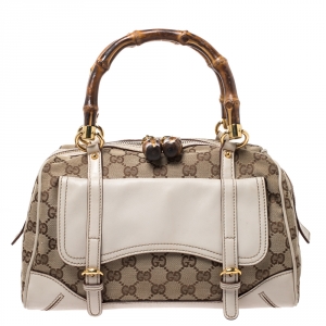 مملوكة مسبقًا Gucci Beige/Cream GG Canvas and Leather Small Bamboo Boston Bag