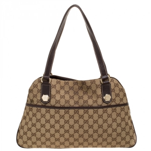 Pre Owned Gucci Beige/Brown GG Canvas and Leather Charmy Satchel