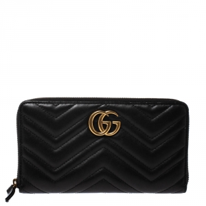 Gucci Black Matelasse Leather GG Marmont Zip Around Wallet