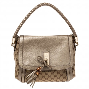 Pre Owned Gucci Beige/Gold GG Canvas and Letherr Bella Flap Bag
