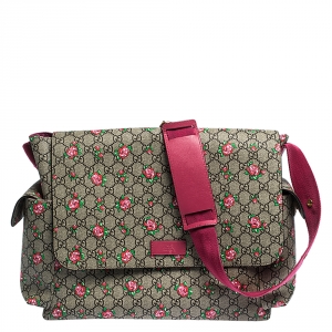 Pre Owned Gucci Beige/Pink GG Supreme Canvas and Leather Strawberry Print Diaper Messenger Bag