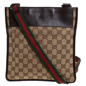 Pre Owned Gucci Brown GG Canvas and Leather Web Messenger Bag