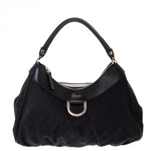 مملوكة مسبقًا Gucci Black GG Canvas and Leather Medium D Ring Hobo