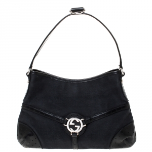 مملوكة مسبقًا Gucci Black Canvas and Leather Reins Hobo
