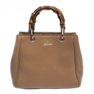 Pre Owned Gucci Beige Leather Mini Bamboo Top Handle Bag
