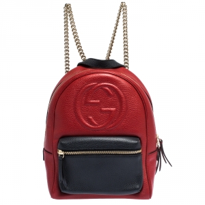 Pre Owned Gucci Red/Navy Blue Leather Soho Chain Backpack
