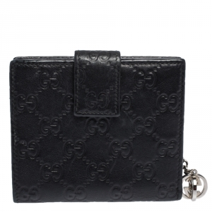 Gucci Black Guccissima Leather Interlocking G Charm French Wallet