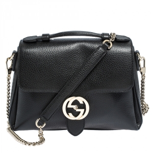 Pre Owned Gucci Black Leather Interlocking G Chain Shoulder Bag