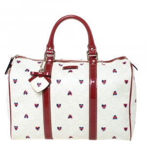 Pre Owned Gucci Red/White Heart Print GG Canvas and Leather Joy Boston Bag with Heart Charm
