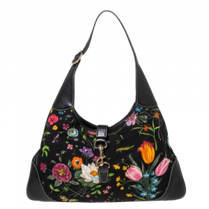 Pre Owned Gucci Black Floral Print Canvas and Leather Jackie O Hobo