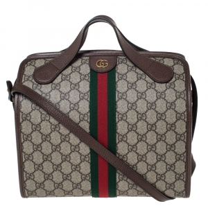 Pre Owned Gucci Brown/Beige GG Supreme Canvas and Leather Ophidia Duffel Bag