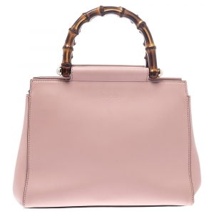 Pre Owned Gucci Light Pink Leather Small Nymphaea Bamboo Tote