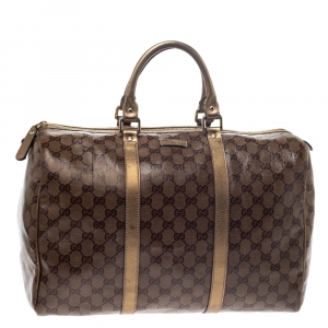 Pre Owned Gucci Gold/Beige GG Crystal Canvas Large Joy Boston Bag