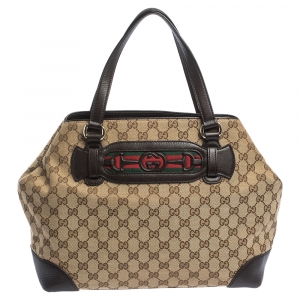 مملوكة مسبقًا Gucci Beige/Brown GG Canvas and Leather Medium Supreme Web Dressage Tote
