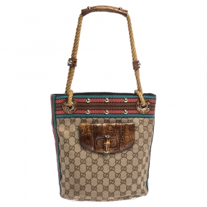 مملوكة مسبقًا Gucci Beige/Brown Canvas and Crocodile Rope Bamboo Hobo 