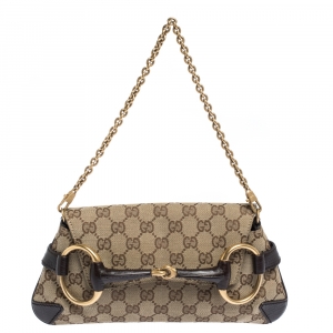 Pre Owned Gucci Beige/Brown GG Canvas and Leather Horsebit Chain Clutch
