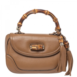 Pre Owned Gucci Tan Leather Medium Tassel Bamboo Top Handle Bag