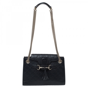 Pre Owned Gucci Black Guccissima Leather Small Emily Chain Shoulder Bag