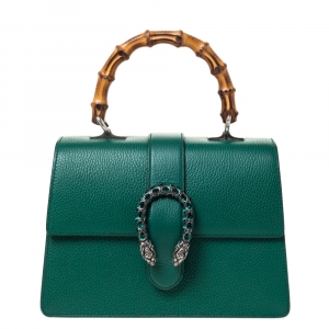 Pre Owned Gucci Green Leather Medium Dionysus Bamboo Top Handle Bag