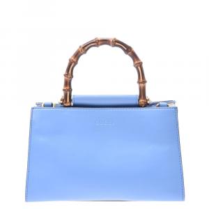 Pre Owned Gucci Blue Leather Mini Nymphaea Bamboo Top Handle Bag