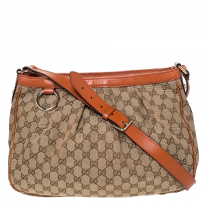 Pre Owned Gucci Beige/Orange GG canvas and Leather Shoulder Bag