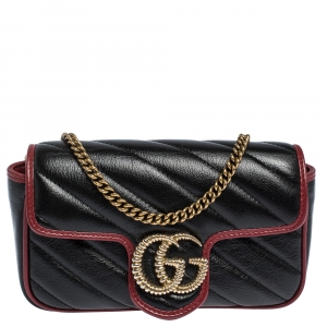 Pre Owned Gucci Black Diagonal Quilt Leather Mini GG Marmont Torchon Shoulder Bag