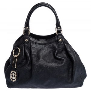 Pre Owned Gucci Black Guccissima Leather Medium Sukey Tote
