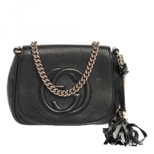Pre Owned Gucci Black Leather Soho Flap Chain Crossbody Bag