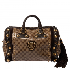 Pre Owned Gucci Beige GG Crystal Canvas and Leather Babouska Indy Boston Bag