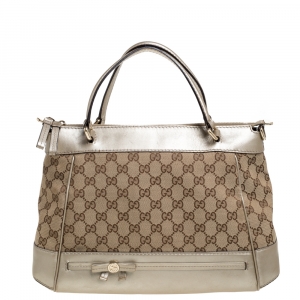 مملوكة مسبقًا حقيبة غوتشي ماي فير كانفاس جي جي وجلد ذهبي/بيج بفيونكة