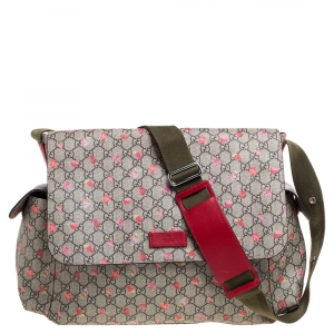 Pre Owned Gucci Beige GG Canvas and Leather Strawberry-Print Diaper Messenger Bag