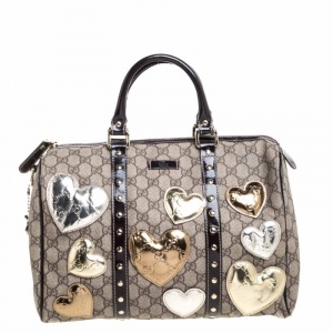 Pre Owned Gucci Dark Brown/Beige GG Supreme Canvas and Patent Leather Medium Hearts Joy Boston Bag
