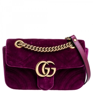 Pre Owned Gucci Purple Velvet Small GG Marmont Shoulder Bag