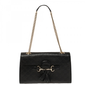 Pre Owned Gucci Black Guccissima Leather Medium Emily Chain Shoulder Bag