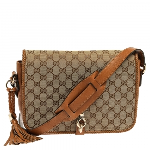 Pre Owned Gucci Beige/Brown GG Canvas and Leather Medium Marrakech Tassel Messenger Bag