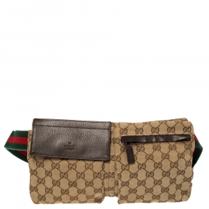 Pre Owned Gucci Brown/Beige GG Canvas and Leather Web Waist Belt Bag