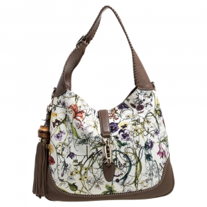 Pre Owned Gucci White Flora Canvas and Leather Large Jackie O Hobo