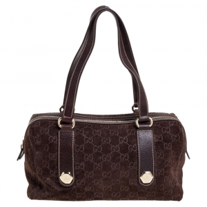 Pre Owned Gucci Brown GG Suede and Leather Charmy Boston Bag