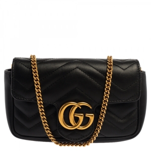 Pre Owned Gucci Black Matelasse Leather Mini GG Marmont Super Bag