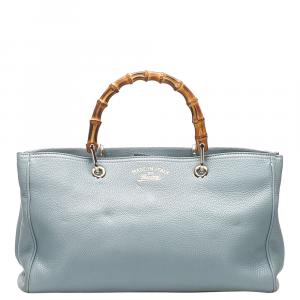 Pre Owned Gucci Blue Leather Bamboo Shopper Bag