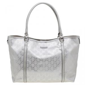 Pre Owned Gucci Silver Crystal Monogram Medium Tote