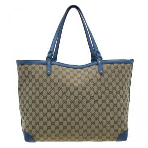 Pre Owned Gucci Beige/Blue Canvas Large Craft Original GG Tote with Pouch