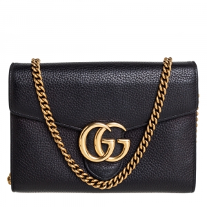 Pre Owned Gucci Black Leather GG Marmont Wallet on Chain